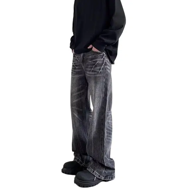 法文箱子 潮流慵懒风气质百搭欧路得闪电纹微喇高街牛仔裤 男款