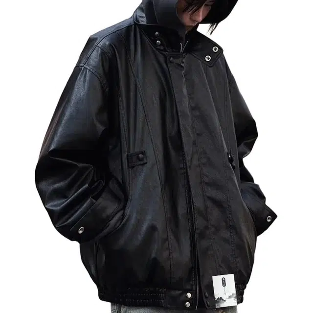 【痞帅个性PU皮休闲拉链外套】布客行 酷飒不羁狂野硬朗摇滚机车叛逆霸气有型纯色宽松百搭工装翻领设计防风防水潮流夹克 男女同款
