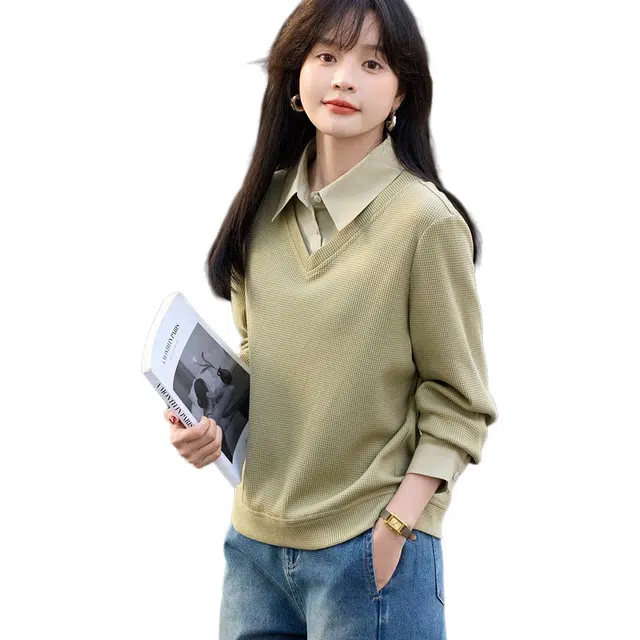 沫晗依美 假两件套头长袖卫衣 女款 绿色