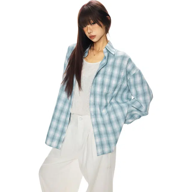 玫丝朵 格子休闲百搭韩系风格宽松舒适长袖衬衫 女款 蓝色
