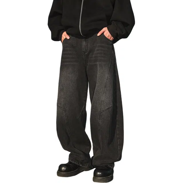 星际者 基础款二次元手绘复古通用弯刀分割直筒阔腿宽松做旧牛仔裤 男女同款