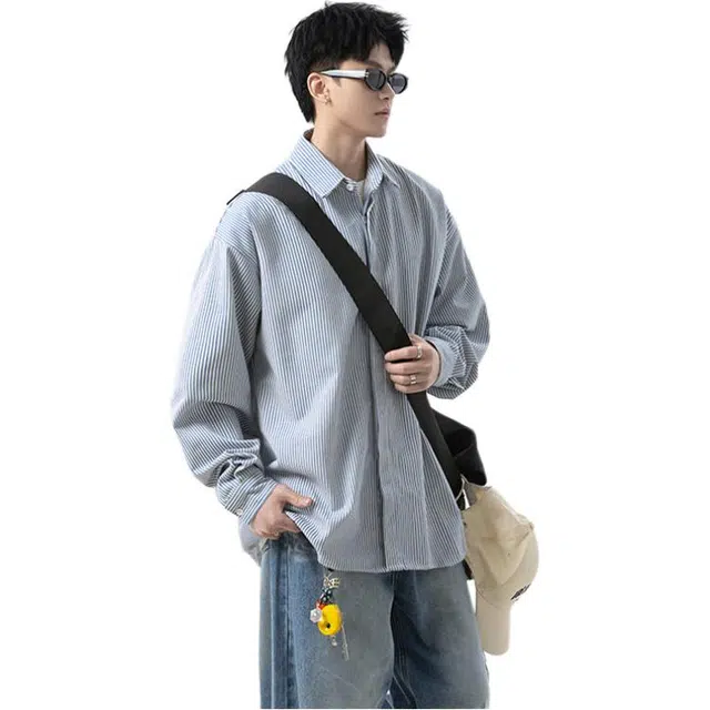 拓菲 潮牌复古条纹长袖秋季日系简约潮流宽松情侣百搭休闲衬衣外套衬衫 男女同款