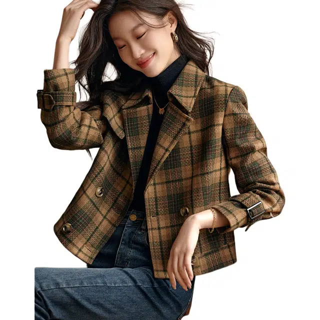 沫晗依美 复古格子时尚百搭翻领夹克外套 女款 咖绿色