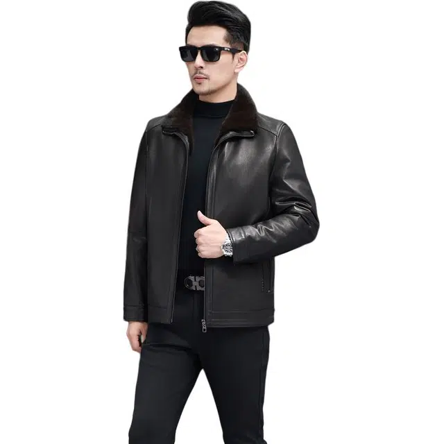 比利斯山羊 时尚水貂领山羊皮湖羊毛内胆真皮皮衣 男女同款