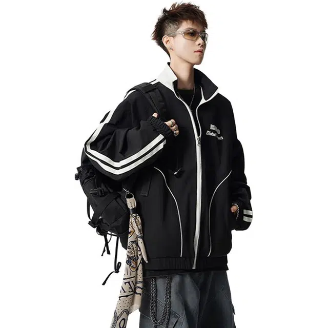 佐菲利 美式两面穿运动外套潮牌条纹撞色宽松休闲哈林顿上衣夹克 男女同款