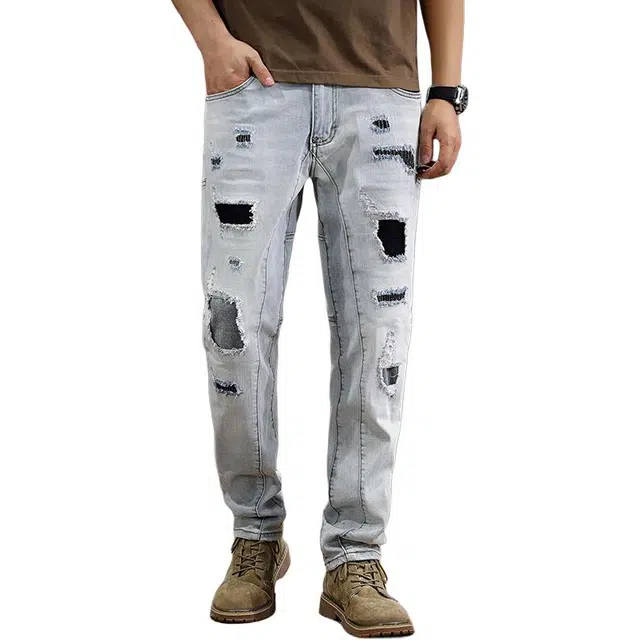 遨宇 秋季美式经典复古潮牌水洗中性风潮流破洞补丁高街刺绣休闲户外百搭修身直筒长裤牛仔裤 男款