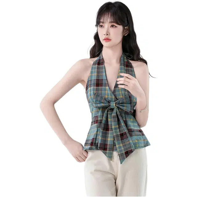 沐晓欣 设计感复古格子美背挂脖夏季蝴蝶结修身无袖外穿甜辣妹上衣背心 女款