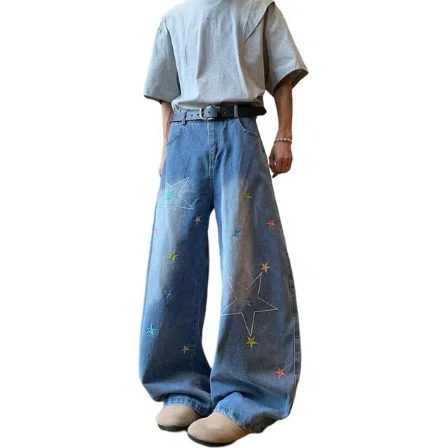 佐菲利 美式复古星星刺绣弯刀夏季宽松显瘦阔腿长裤子潮牛仔裤 男女同款