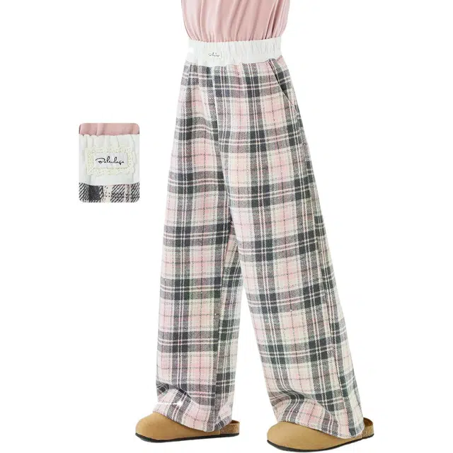 憨憨象 加绒格子甜美风阔腿长裤厚儿童运动裤 秋冬 青少年