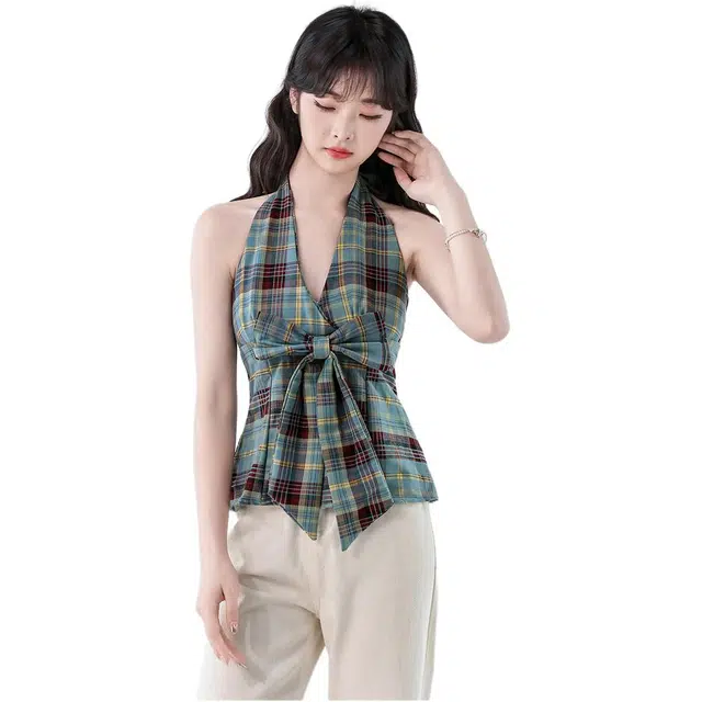 沐晓欣 设计感复古格子美背挂脖夏季蝴蝶结修身无袖外穿甜辣妹上衣背心 女款