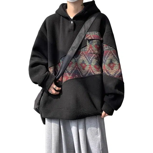 拓菲 新中式摇粒绒拼接连帽男秋冬季撞色外套大码宽松加厚保暖帽卫衣 男女同款