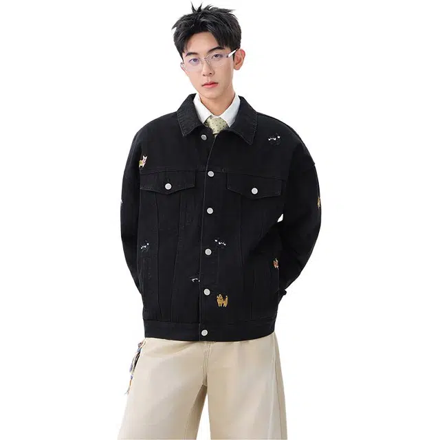 佐菲利 美式复古小狗刺绣潮牌高级感痞帅休闲翻领夹克牛仔外套 男女同款