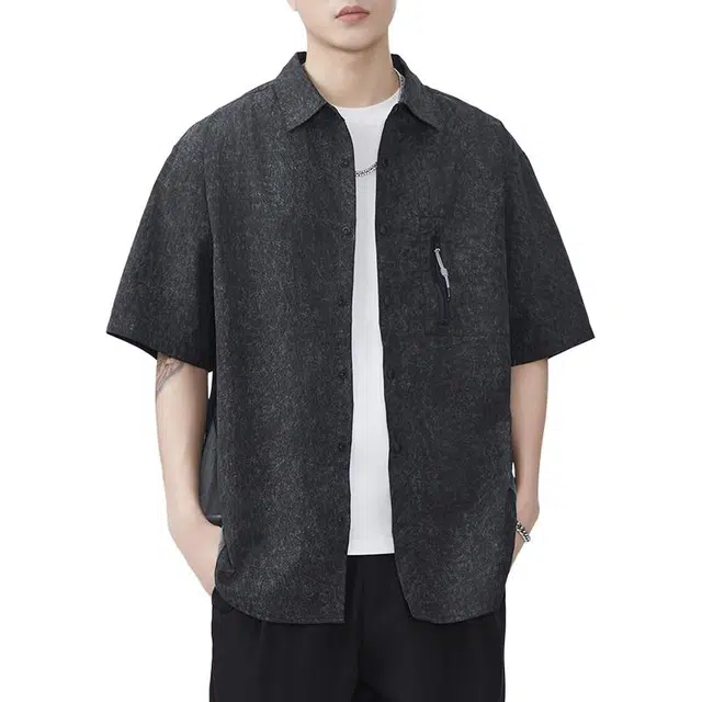 左岸 港风青少年感夏季透气短袖衬衣翻领拼色高级感休闲宽松潮牌半袖痞帅上衣衬衫 男款