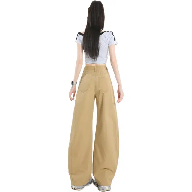 玫丝朵 美式复古高腰宽松弯刀直筒百搭阔腿牛仔裤 女款