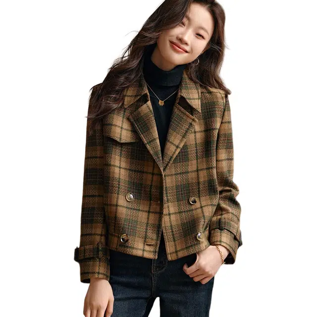 沫晗依美 复古格子时尚百搭翻领夹克外套 女款 咖绿色