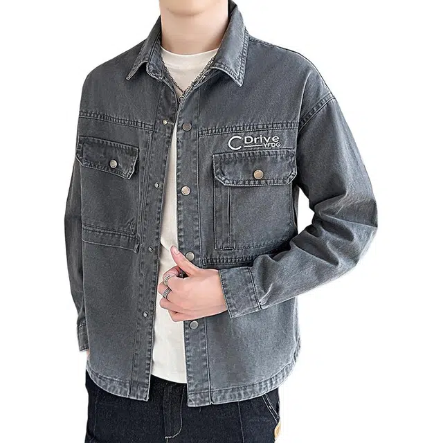 太子龍 美式复古纯色翻领工装春秋季潮牌韩版宽松衣服牛仔外套 男款