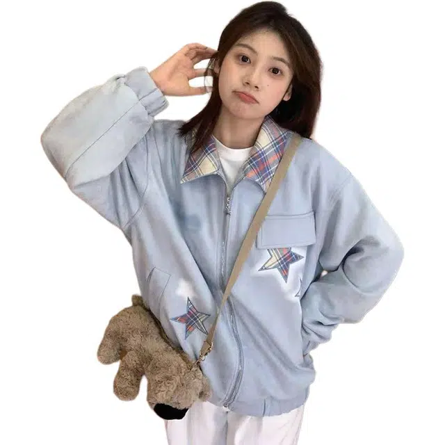 邓大喵 美式潮牌多巴胺星星刺绣翻领夹克女秋季学院风开衫潮牛仔外套 男女同款