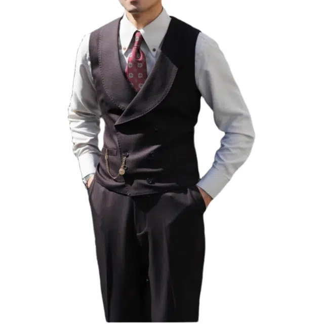 大格子与黑猫 英伦复古青果领双排扣新郎结婚婚礼 雅痞绅士条纹修身西装领 马甲 男款