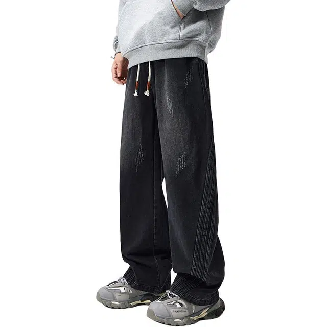 帝狼牛 美式阔腿机能微喇复古水洗潮牌宽松直筒休闲街头牛仔裤 男女同款