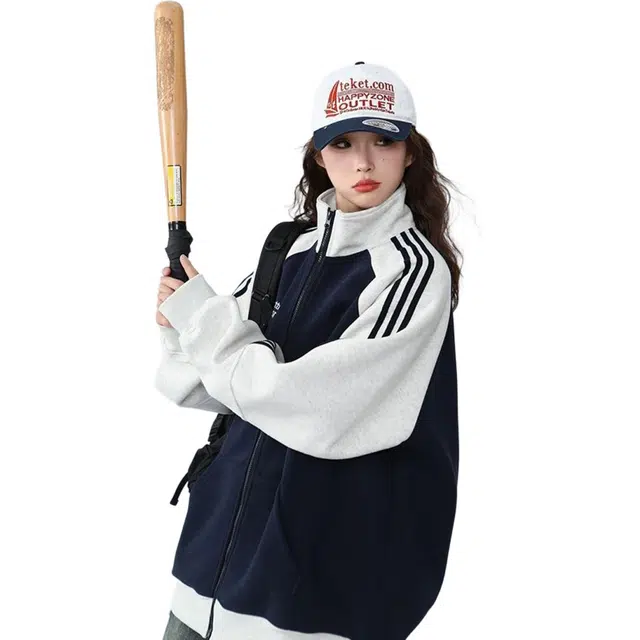 沐诚阳译 国潮条纹宽松美式复古学院卫衣开衫刺绣运动休闲秋季外套夹克 男女同款