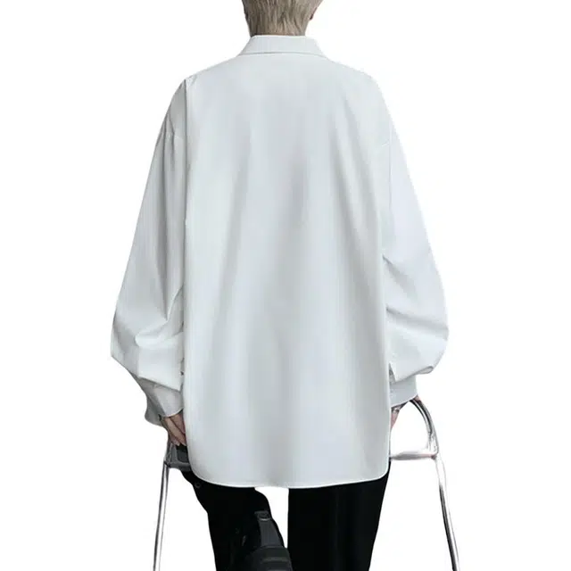 一碗士多 自带领结胸针高级感纯色个性小众设计时尚痞帅美式复古户外通勤日常聚会百搭舒适宽松柔软亲肤单排扣落肩翻领长袖 衬衫 男女同款