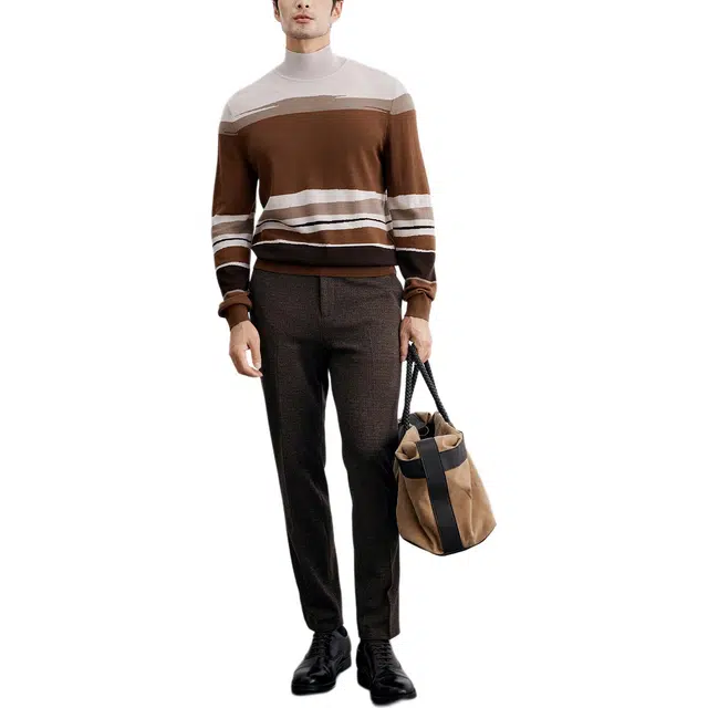 丹宁哲学 单层嵌花可机洗纯羊毛条纹常规长袖不可翻高领宽松型针织衫 男款