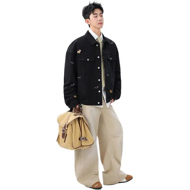 佐菲利 美式复古小狗刺绣潮牌高级感痞帅休闲翻领夹克牛仔外套 男女同款