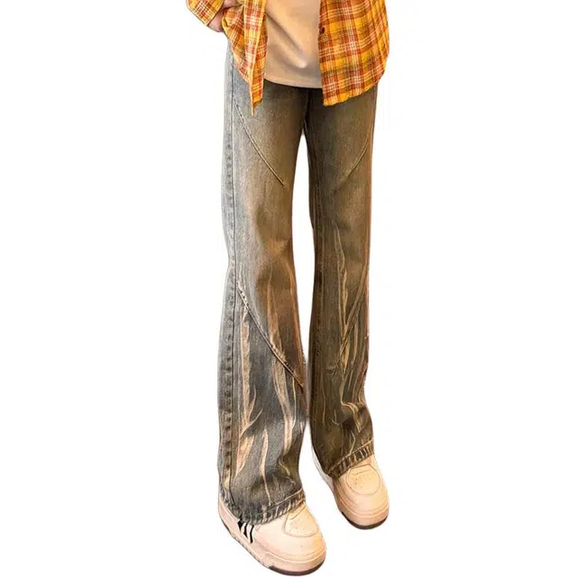 单爵 美式扎染微喇薄款阔腿直筒垂感高街牛仔裤 男女同款