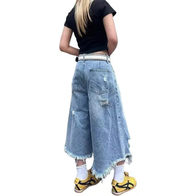 拓菲 美式高街复古水洗破洞七分裤子休闲宽松阔腿流苏牛仔短裤 男女同款