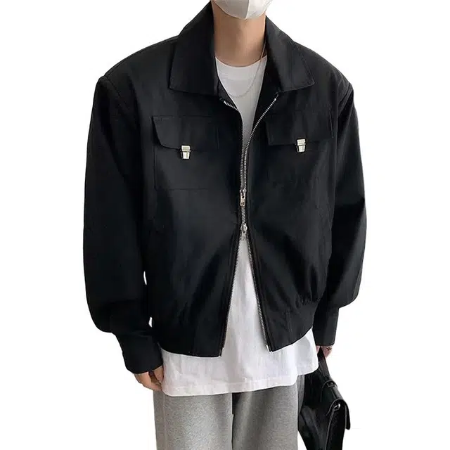 一碗士多 美式复古小众百搭高街简约卡扣式口袋双头拉链设计纯色通勤日常户外高肩痞帅休闲翻领夹克 男女同款