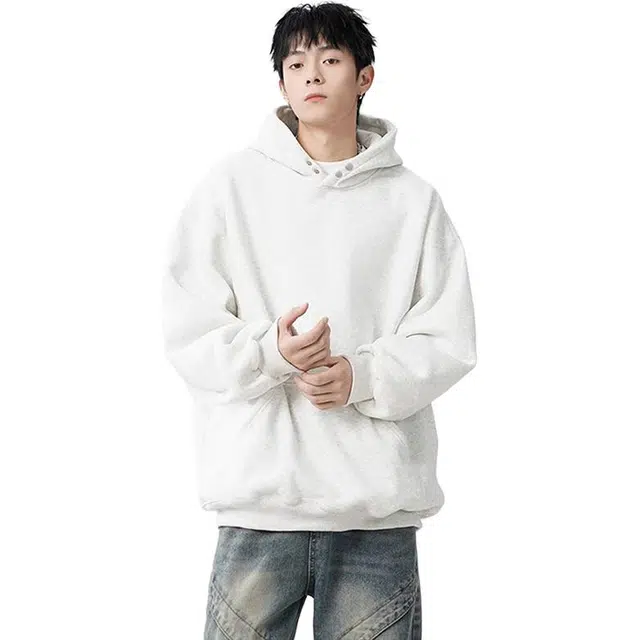 单爵 美式重磅纽扣连帽男春季潮牌宽松卫衣 男女同款