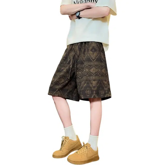 太子龍 民族风针织提花外穿过膝中裤运动五分裤休闲短裤 男款