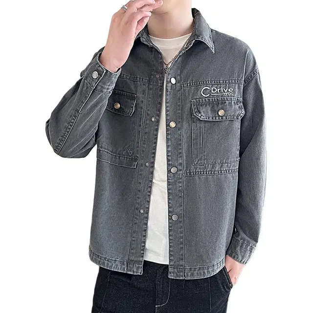 太子龍 美式复古纯色翻领工装春秋季潮牌韩版宽松衣服牛仔外套 男款