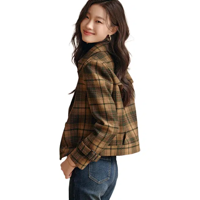 沫晗依美 复古格子时尚百搭翻领夹克外套 女款 咖绿色