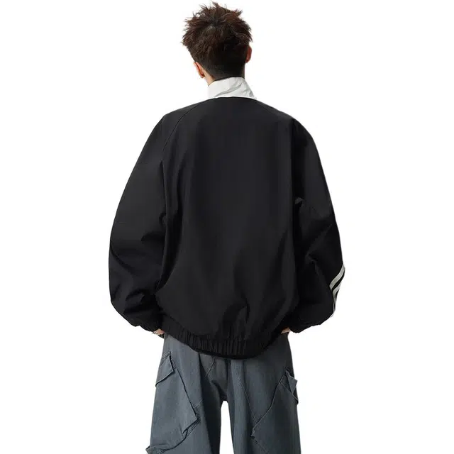 佐菲利 美式两面穿运动外套潮牌条纹撞色宽松休闲哈林顿上衣夹克 男女同款