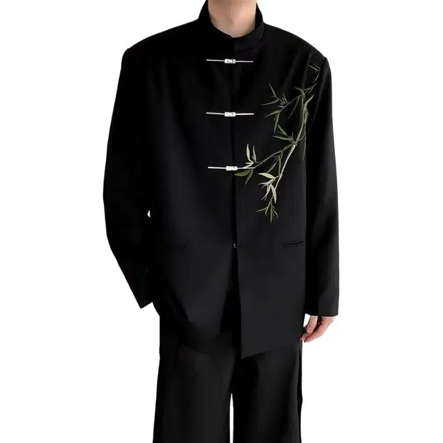 袋鼠 国潮新中式翠竹刺绣立领中山装唐装西服结婚订婚礼服垫肩国风夹克 男女同款