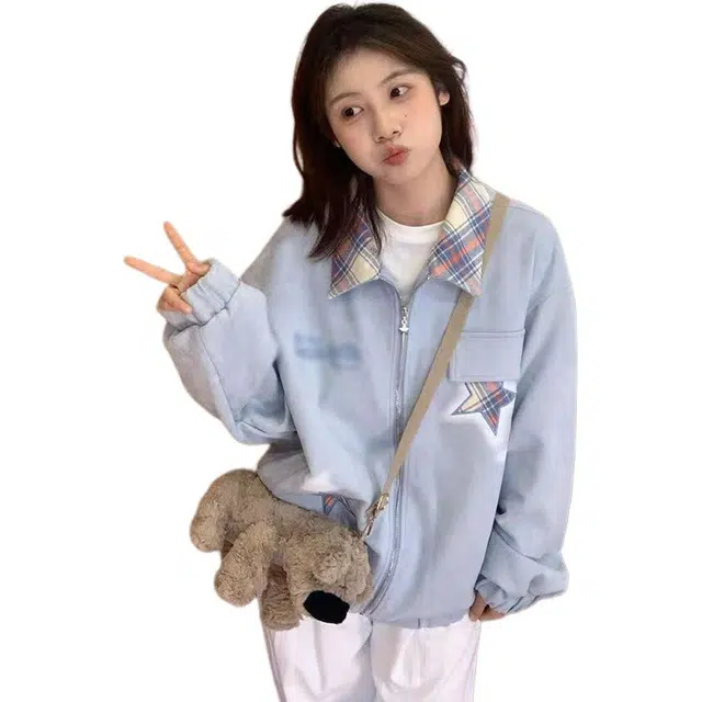 邓大喵 美式潮牌多巴胺星星刺绣翻领夹克女秋季学院风开衫潮牛仔外套 男女同款