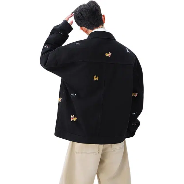 佐菲利 美式复古小狗刺绣潮牌高级感痞帅休闲翻领夹克牛仔外套 男女同款