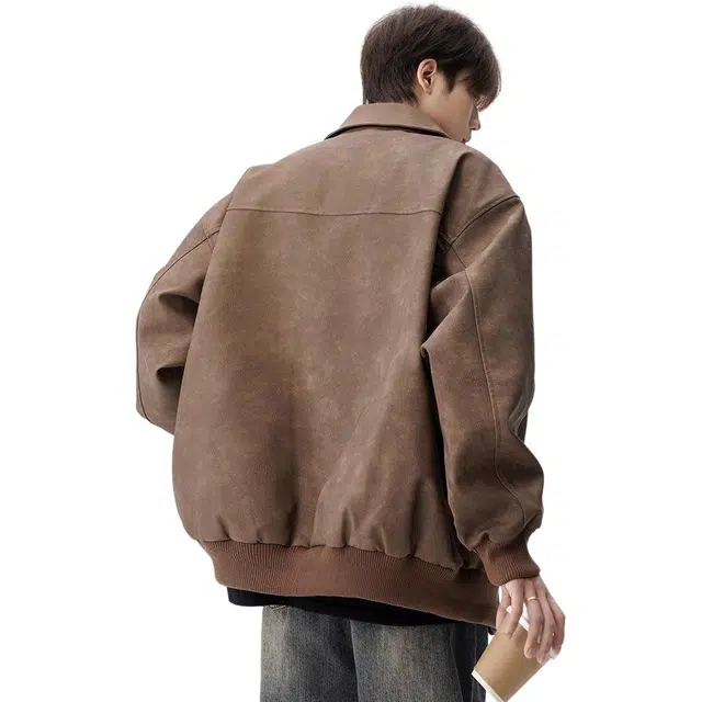 单爵 美式复古翻领铆钉皮衣男春秋美拉德潮牌宽松夹克 男女同款