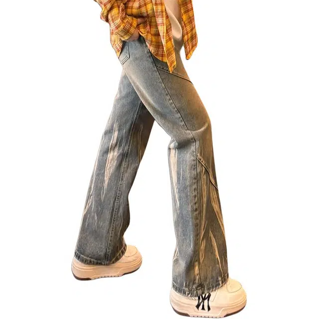 单爵 美式扎染微喇薄款阔腿直筒垂感高街牛仔裤 男女同款