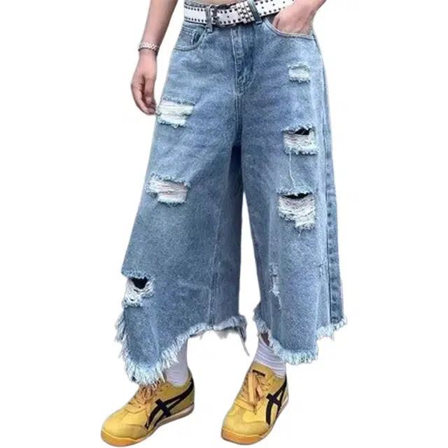 拓菲 美式高街复古水洗破洞七分裤子休闲宽松阔腿流苏牛仔短裤 男女同款