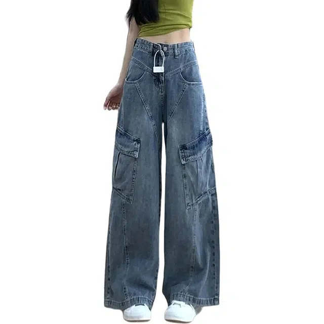 宝米卡 小个子工装美式复古口袋阔腿裤潮时尚高腰直筒休闲裤子牛仔裤 男女同款