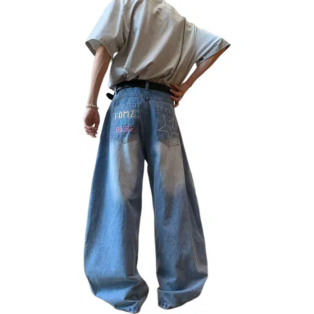 佐菲利 美式复古星星刺绣弯刀夏季宽松显瘦阔腿长裤子潮牛仔裤 男女同款