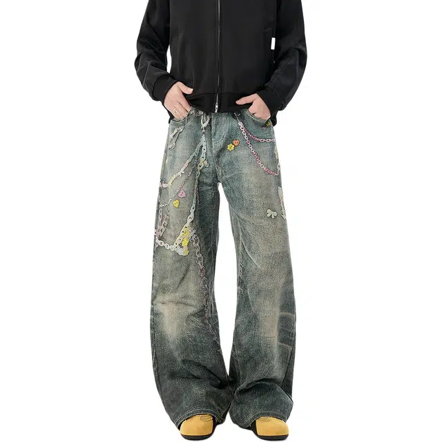 袋鼠 高个子加长版型长裤美式复古显瘦百搭基础款通勤阔腿裤高街糖果链数码印花牛仔裤 男女同款