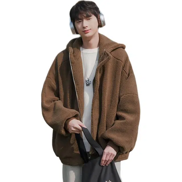 拓菲 羊羔毛外套男款秋冬季连帽复古棉袄加厚保暖羊羔绒棉衣棉服 男女同款