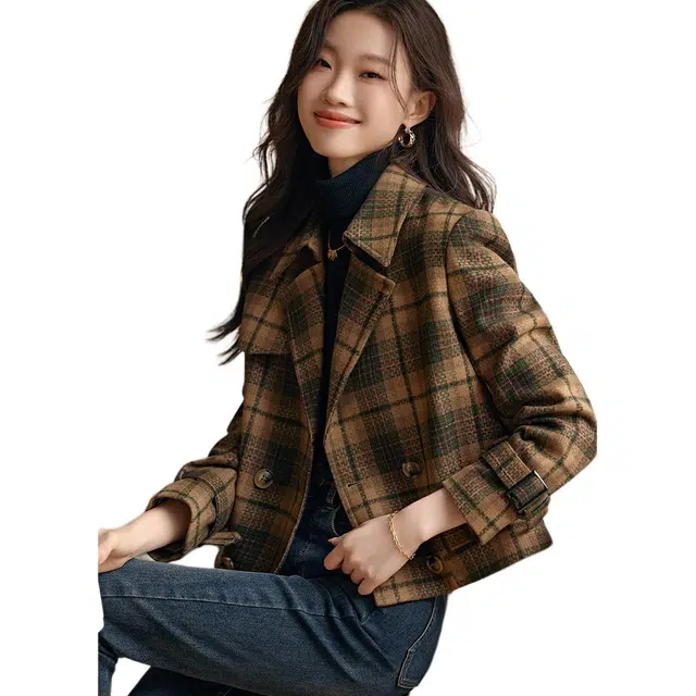 沫晗依美 复古格子时尚百搭翻领夹克外套 女款 咖绿色