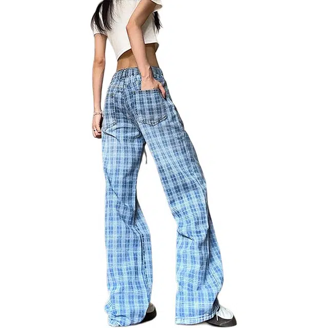 单爵 美式复古格子微喇裤女款拼接设计感裤子牛仔裤 男女同款