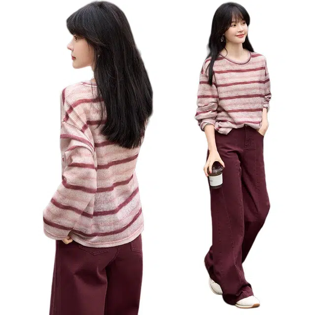 沫晗依美 撞色圆领套头宽松长袖卫衣 女款 粉色