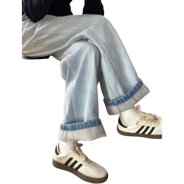 宝米卡 蓝色加绒直筒秋冬高腰阔腿拖地裤牛仔裤 男女同款