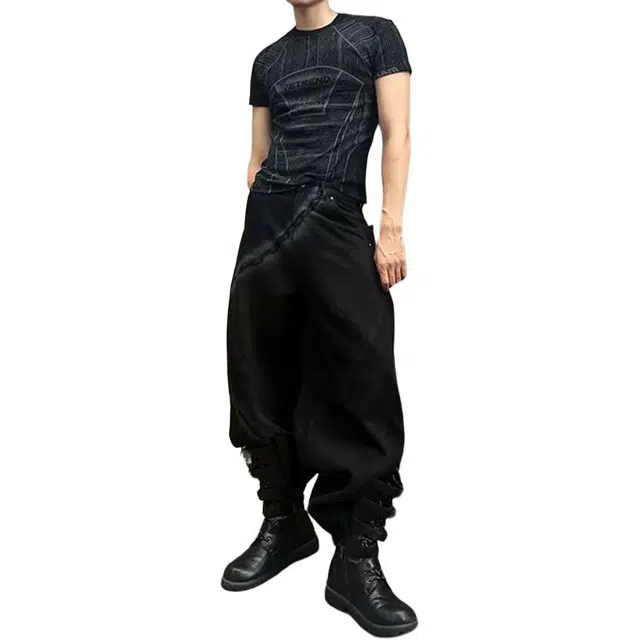 一碗士多 美式复古高街小众百搭设计感拼接宽松阔腿直筒垂感拖地痞帅时尚个性通勤户外日常牛仔裤 男女同款